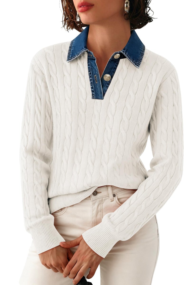 SAUKOLE Pullover Sweater for Women Denim Lapel V Neck Buttons Closure Cable Knitted Tops Loose Dressy Casual Sweaters - Image 1