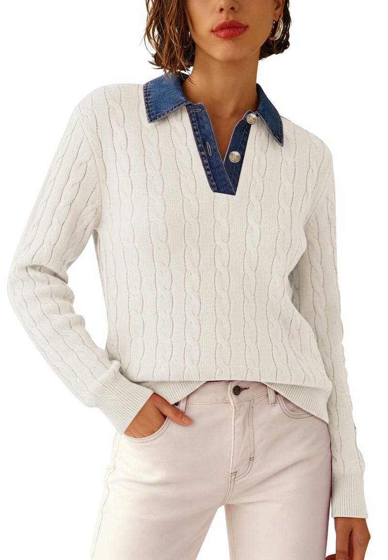 SAUKOLE Pullover Sweater for Women Denim Lapel V Neck Buttons Closure Cable Knitted Tops Loose Dressy Casual Sweaters - Image 2