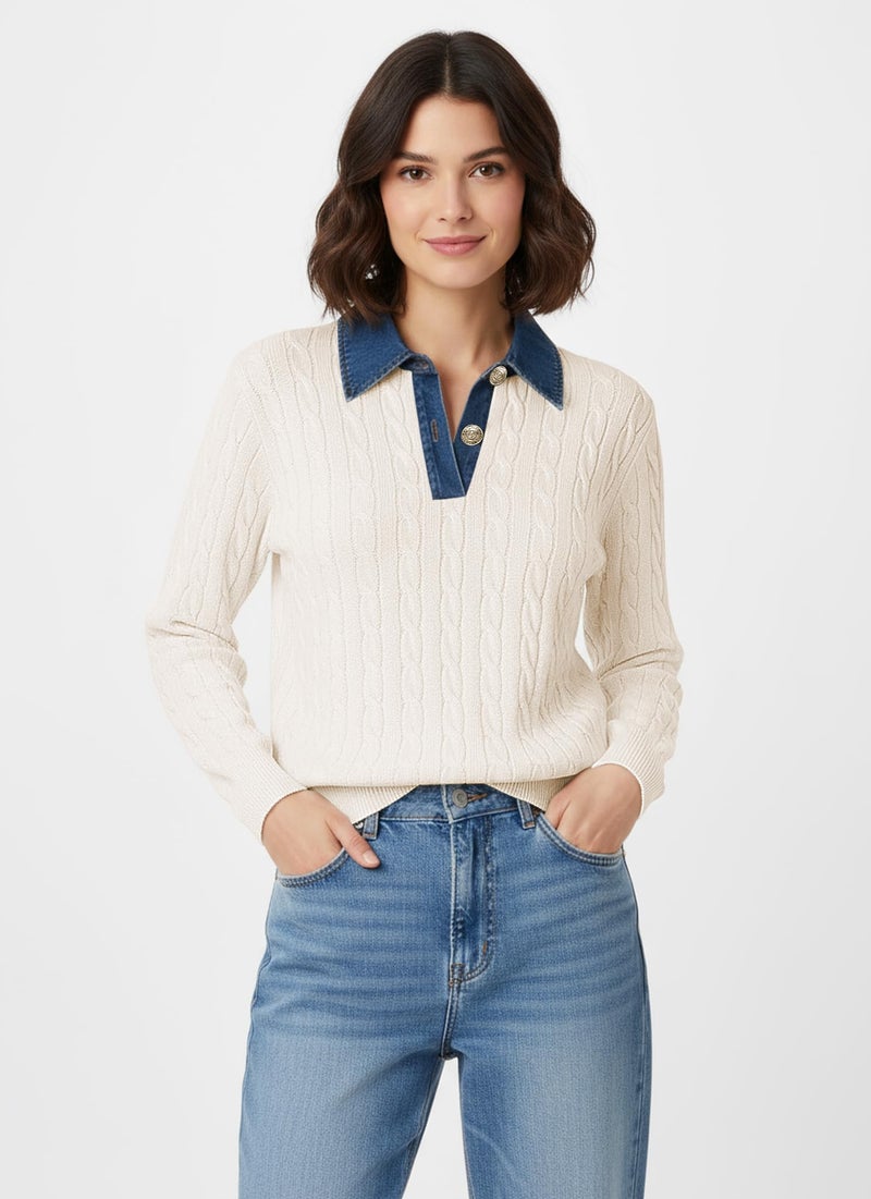SAUKOLE Pullover Sweater for Women Denim Lapel V Neck Buttons Closure Cable Knitted Tops Loose Dressy Casual Sweaters - Image 3