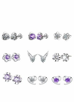 925 Sterling Silver Stud Earrings Set, Hypoallergenic For Women, Flower Clear Cubic Zirconia Earrings, 9 Pairs Different Sizes Earring Studs