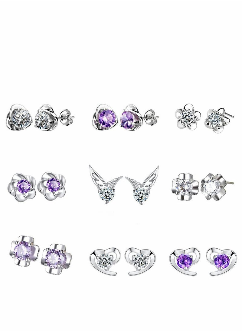 SYOSI - 925 Sterling Silver Stud Earrings Set, Hypoallergenic For Women, Flower Clear Cubic Zirconia Earrings, 9 Pairs Different Sizes Earring Studs - Image 1