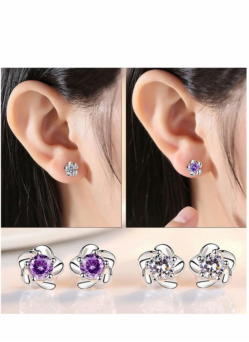 SYOSI - 925 Sterling Silver Stud Earrings Set, Hypoallergenic For Women, Flower Clear Cubic Zirconia Earrings, 9 Pairs Different Sizes Earring Studs - Image 1