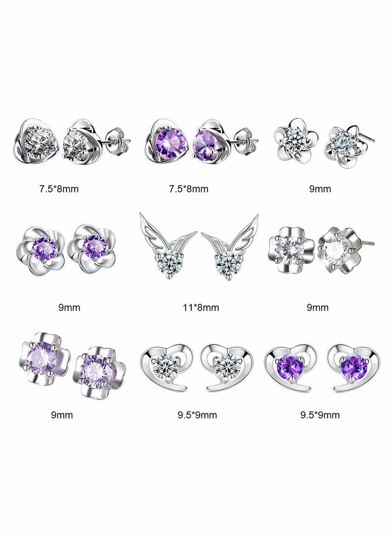 SYOSI - 925 Sterling Silver Stud Earrings Set, Hypoallergenic For Women, Flower Clear Cubic Zirconia Earrings, 9 Pairs Different Sizes Earring Studs - Image 1