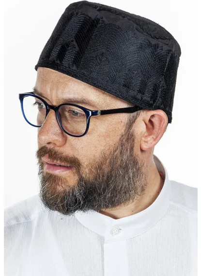 İhvan Online Topbaş Embroidery Patterned Pattern Fabric Skullcap Black