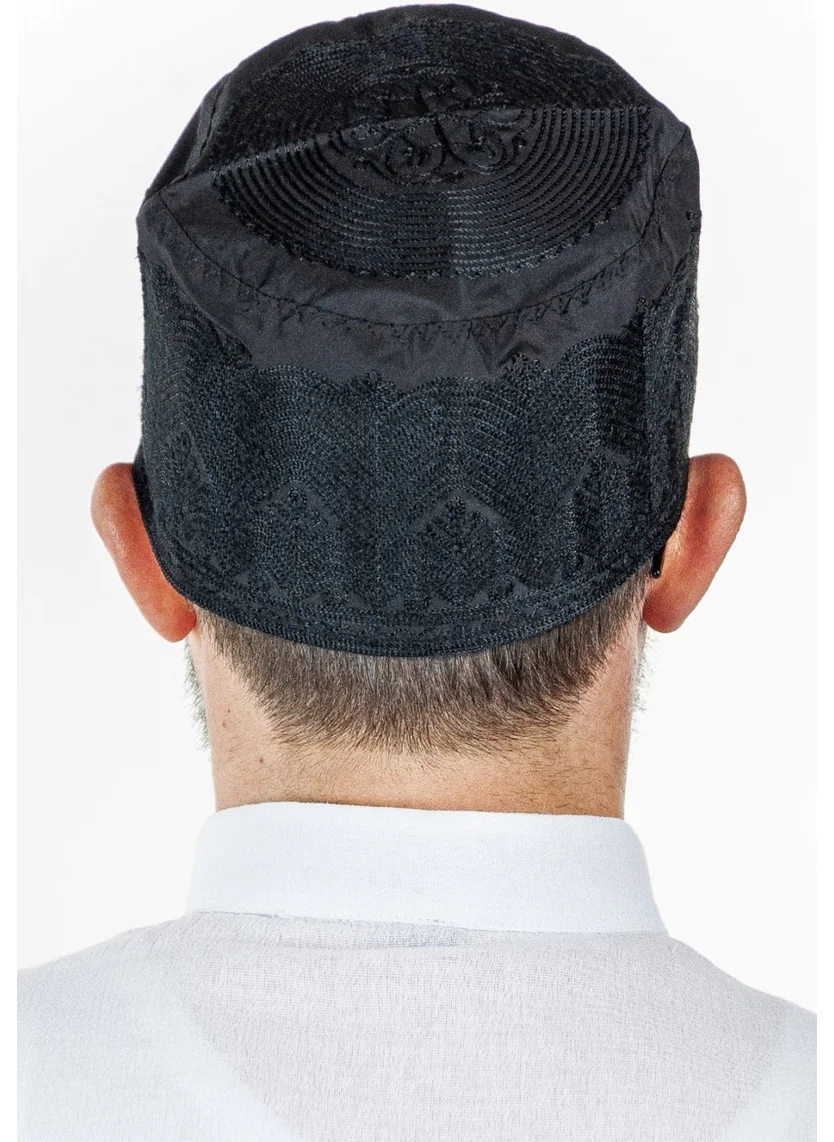 İhvan Online Topbaş Embroidery Patterned Pattern Fabric Skullcap Black
