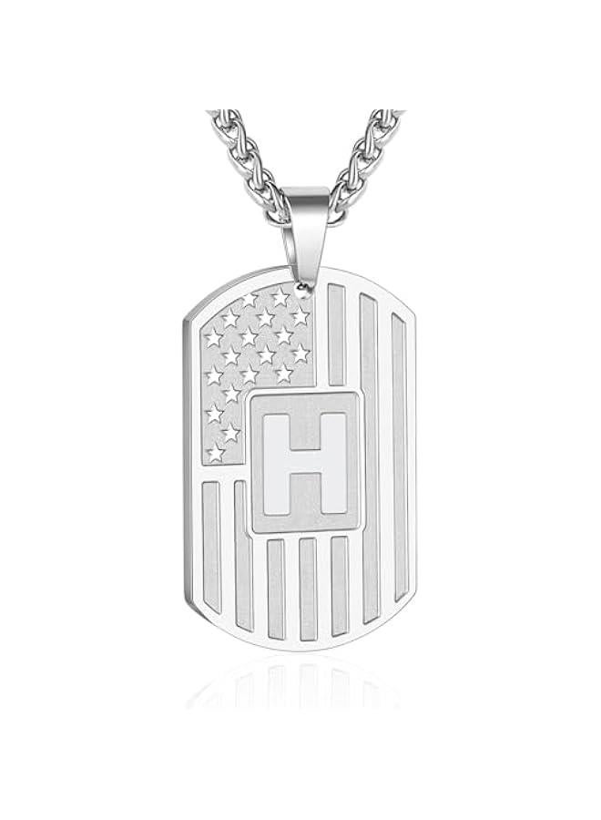 Graduation Gifts Initial A-Z Letter Necklace for Men Boys Kids Teen, Stainless Steel American Flag Dog Tag Pendent Chain Jewelry Birthday  Gifts for boyfriend husband 24Inches - Image 1