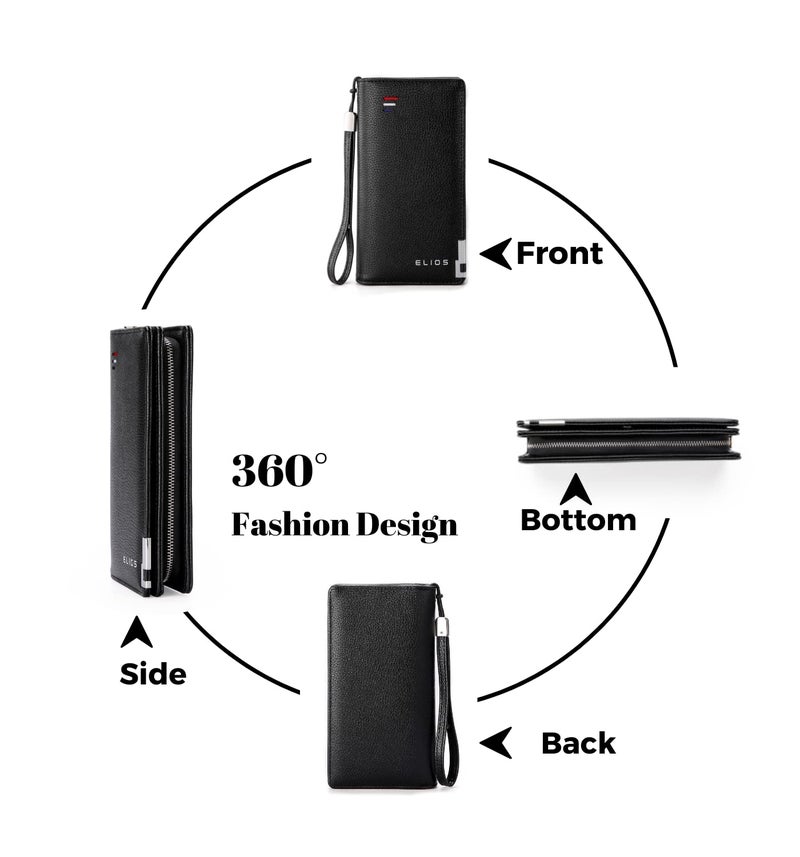 Elios Women Large Capacity Pu Leather Clutch Wallet Card Phone Holder Organizer Ladies Purse With Wrist Strap, Black - Image 3
