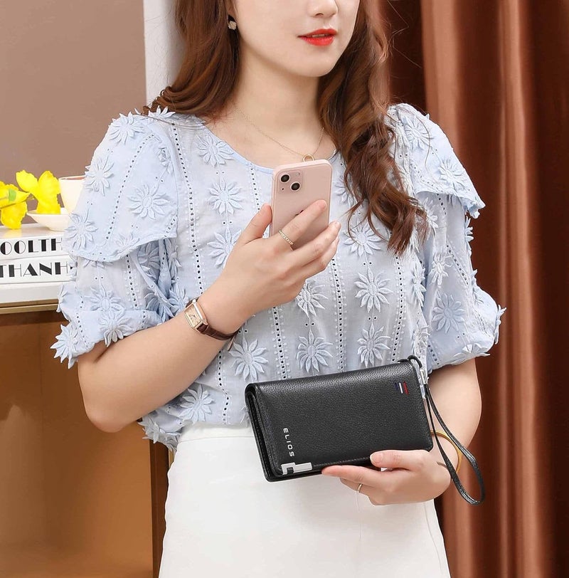 Elios Women Large Capacity Pu Leather Clutch Wallet Card Phone Holder Organizer Ladies Purse With Wrist Strap, Black - Image 2