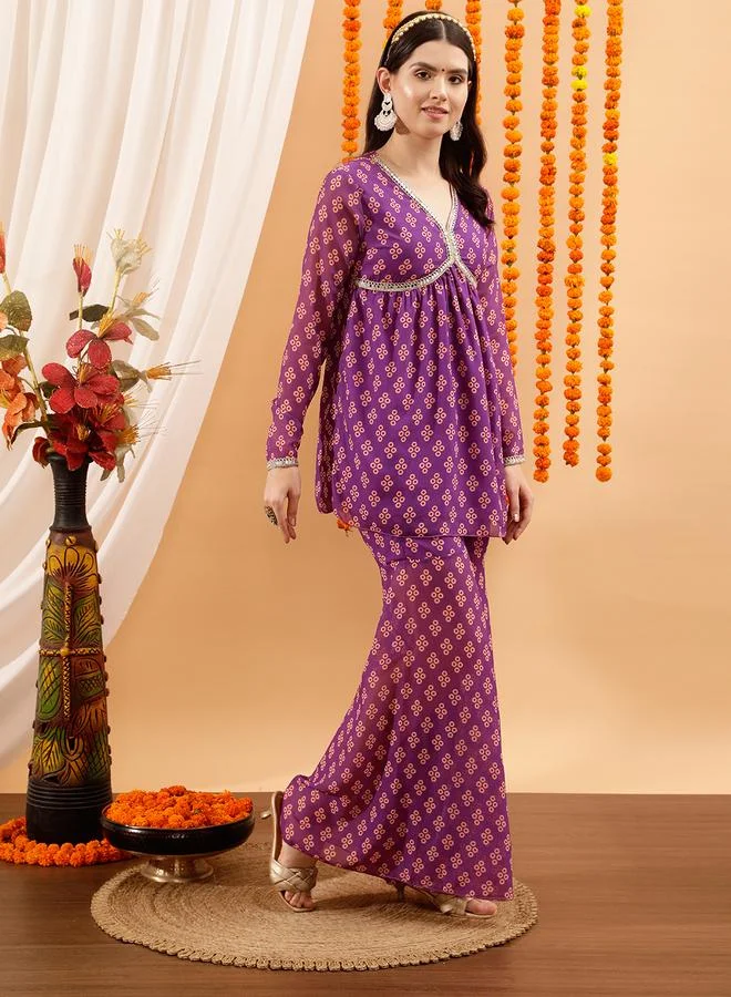 STREET 9 Printed V-Neck Kurta with Sharara Set