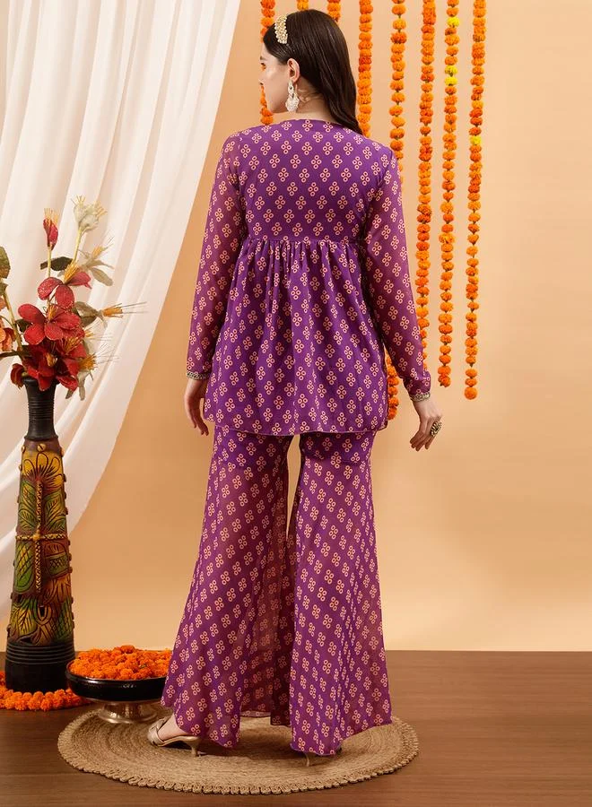 STREET 9  Printed V-Neck Kurta with Sharara Set for Women | Best Price UAE