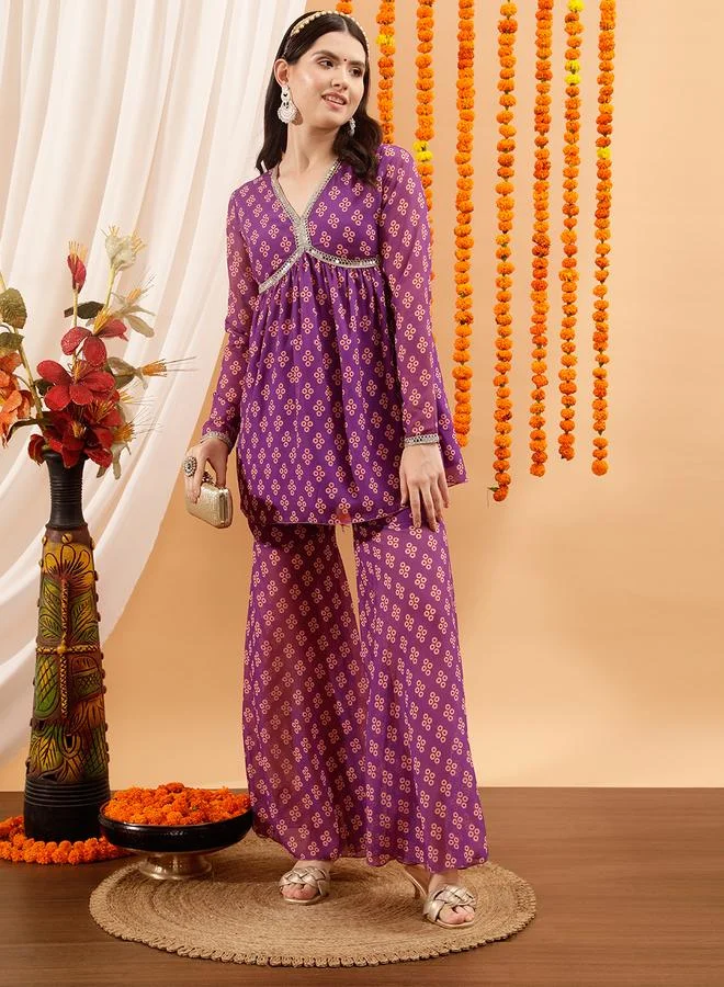 STREET 9  Printed V-Neck Kurta with Sharara Set for Women | Best Price UAE