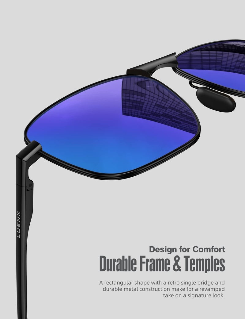 LUENX Men Rectangular Polarized Sunglasses Square Retro Shades - Black Frame Dark Blue Mirror Lens 59mm - Image 3