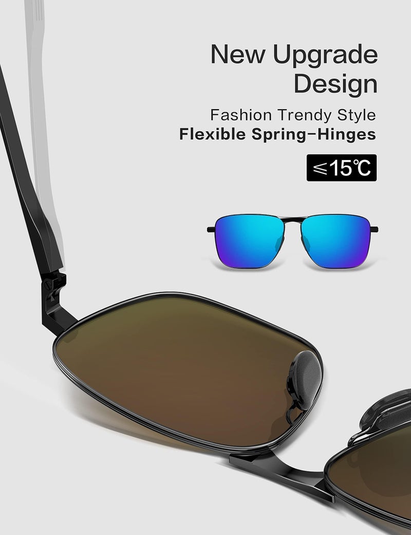 LUENX Men Rectangular Polarized Sunglasses Square Retro Shades - Black Frame Dark Blue Mirror Lens 59mm - Image 4