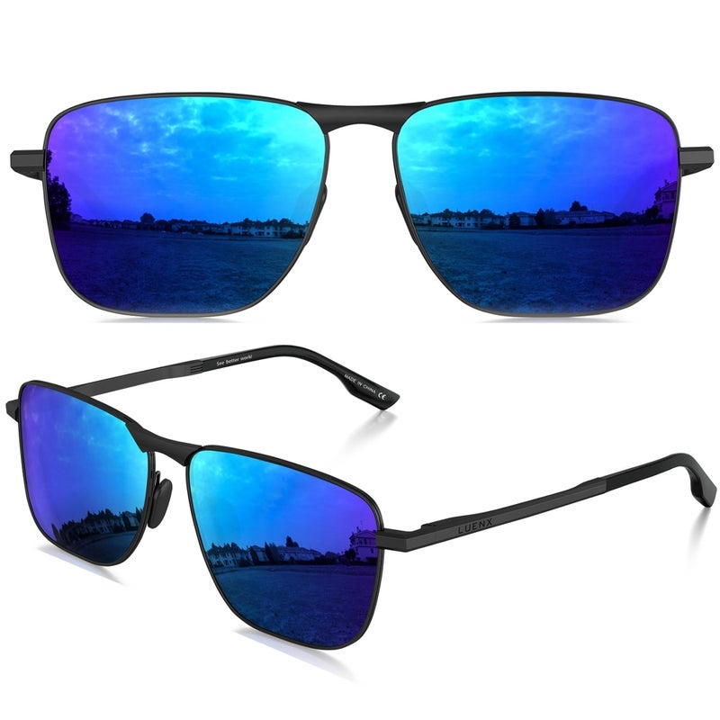 LUENX Men Rectangular Polarized Sunglasses Square Retro Shades - Black Frame Dark Blue Mirror Lens 59mm - Image 2