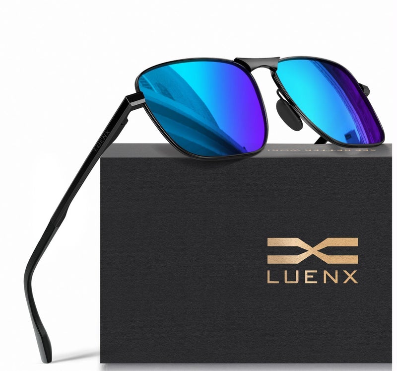 LUENX Men Rectangular Polarized Sunglasses Square Retro Shades - Black Frame Dark Blue Mirror Lens 59mm - Image 1