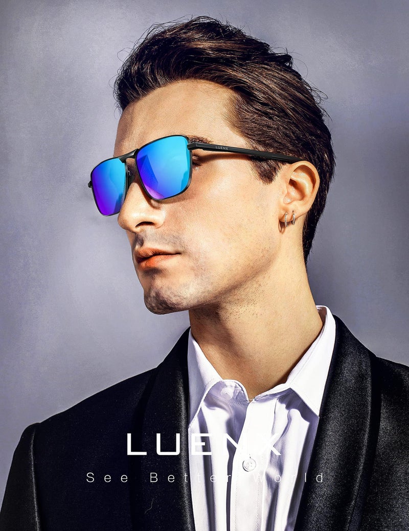 LUENX Men Rectangular Polarized Sunglasses Square Retro Shades - Black Frame Dark Blue Mirror Lens 59mm - Image 5