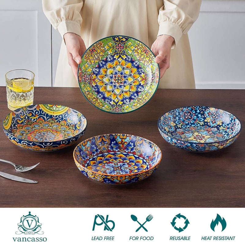 vancasso Pasta Bowls, 42 oz Ceramic Salad Bowls of 4,Large Corlorful Serving Bowls for Kitchen, Dishwasher & Microwave Safe Soup Bowls, Pasta Plates - Image 3