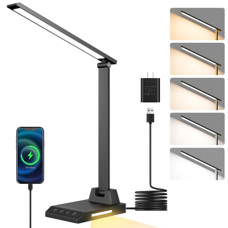 ShineTech LED Desk Lamp with USB-C Charging Port, Dimmable Desk Lamp for Home Office, Eye-Caring Reading Lamp with 25 Lighting Modes, Small Desk Light for Bedroom Nightstand with Adapter - Image 1