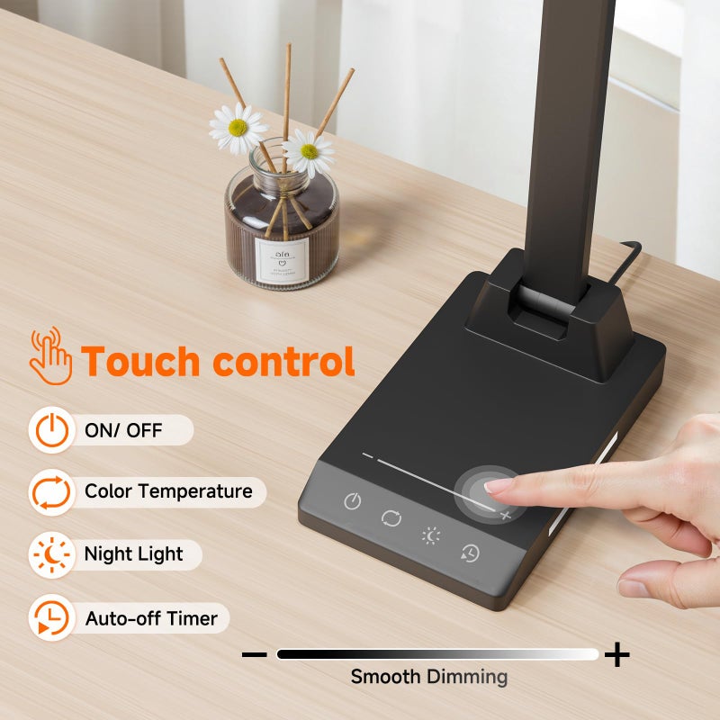 ShineTech LED Desk Lamp with USB-C Charging Port, Dimmable Desk Lamp for Home Office, Eye-Caring Reading Lamp with 25 Lighting Modes, Small Desk Light for Bedroom Nightstand with Adapter - Image 3