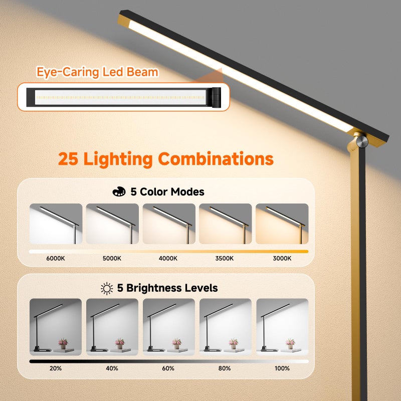 ShineTech LED Desk Lamp with USB-C Charging Port, Dimmable Desk Lamp for Home Office, Eye-Caring Reading Lamp with 25 Lighting Modes, Small Desk Light for Bedroom Nightstand with Adapter - Image 2