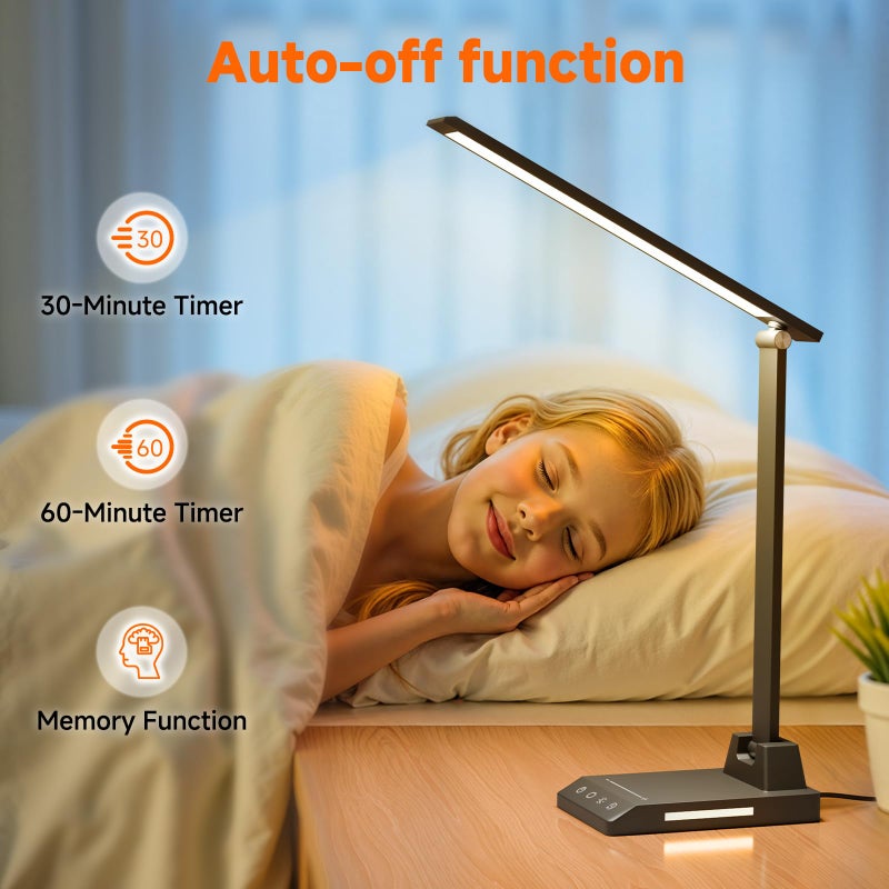 ShineTech LED Desk Lamp with USB-C Charging Port, Dimmable Desk Lamp for Home Office, Eye-Caring Reading Lamp with 25 Lighting Modes, Small Desk Light for Bedroom Nightstand with Adapter - Image 5