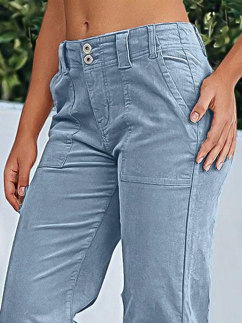 Flamingals Women's Wide Leg Pants for Women Mid Waist Dress Flare Straight Leg Corduroy Pants Workout Jeans Trendy Blue L - Image 3