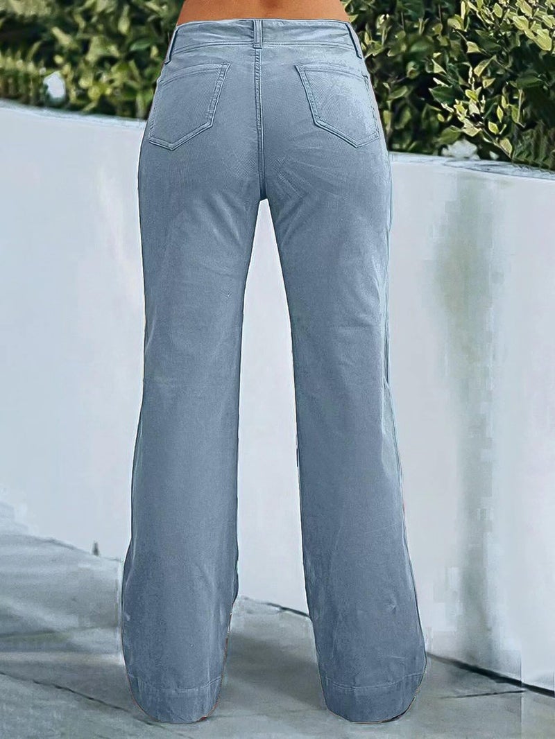 Flamingals Women's Wide Leg Pants for Women Mid Waist Dress Flare Straight Leg Corduroy Pants Workout Jeans Trendy Blue L - Image 2