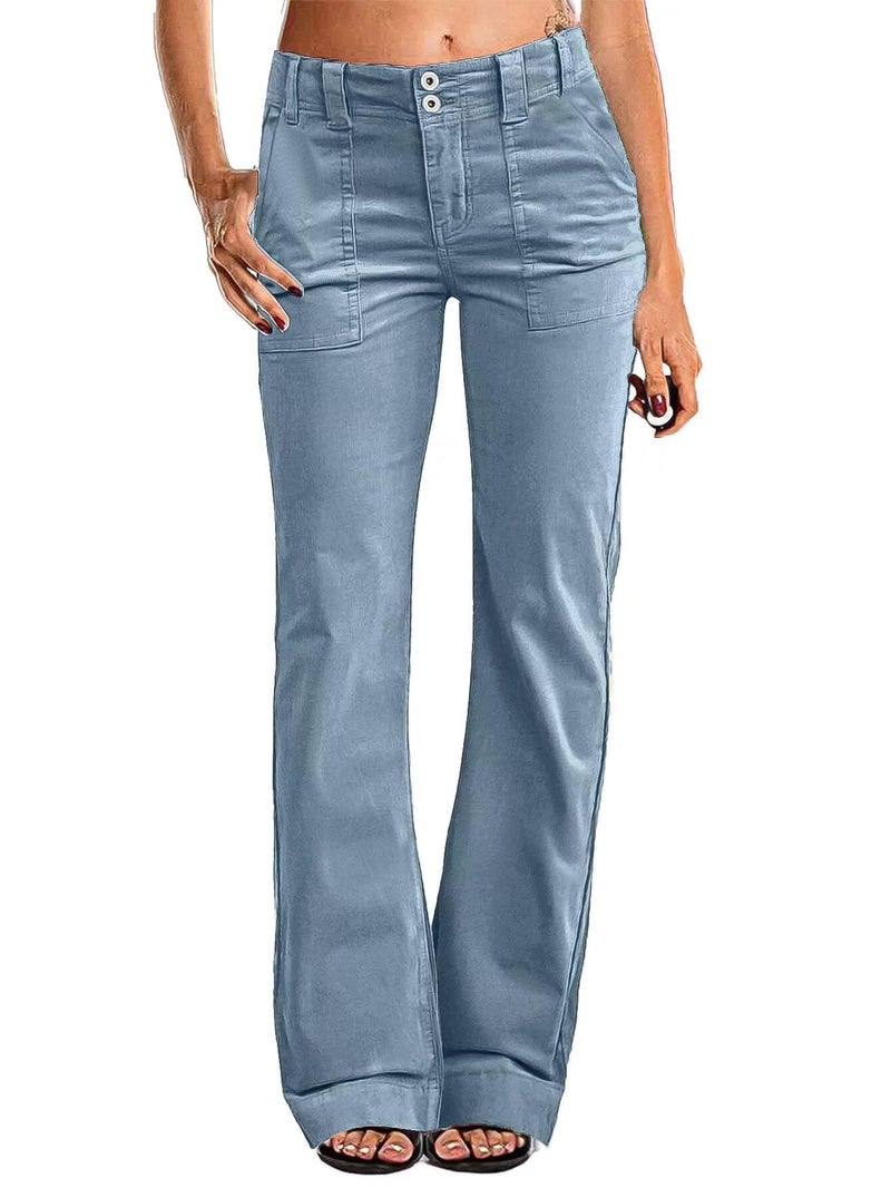 Flamingals Women's Wide Leg Pants for Women Mid Waist Dress Flare Straight Leg Corduroy Pants Workout Jeans Trendy Blue L - Image 1