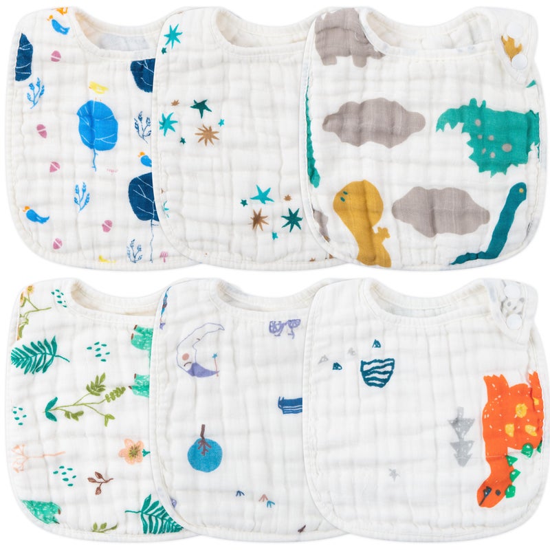 Zainpe 6Pcs Snap Muslin Cotton Baby Bibs Dinosaur Star Bear Pattern Bib Adjustable Burp Cloths with 6 Absorbent Soft Layers for Infants Newborns Toddlers Drooling Feeding Teething