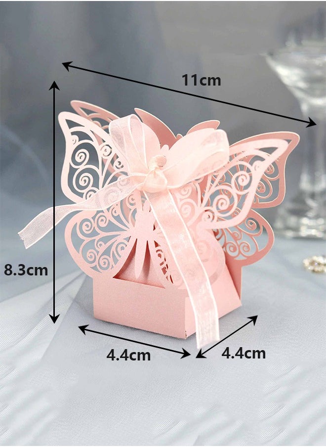 50 Pcs Candy Boxes - Butterfly Laser Cut Favor Boxes with Ribbons - Cute Chocolate Box for Wedding Girl Bridal - Birthday Party Baby Shower - Favors Decoration Supplies - Pink