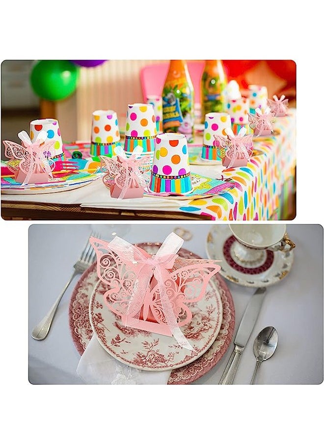50 Pcs Candy Boxes - Butterfly Laser Cut Favor Boxes with Ribbons - Cute Chocolate Box for Wedding Girl Bridal - Birthday Party Baby Shower - Favors Decoration Supplies - Pink