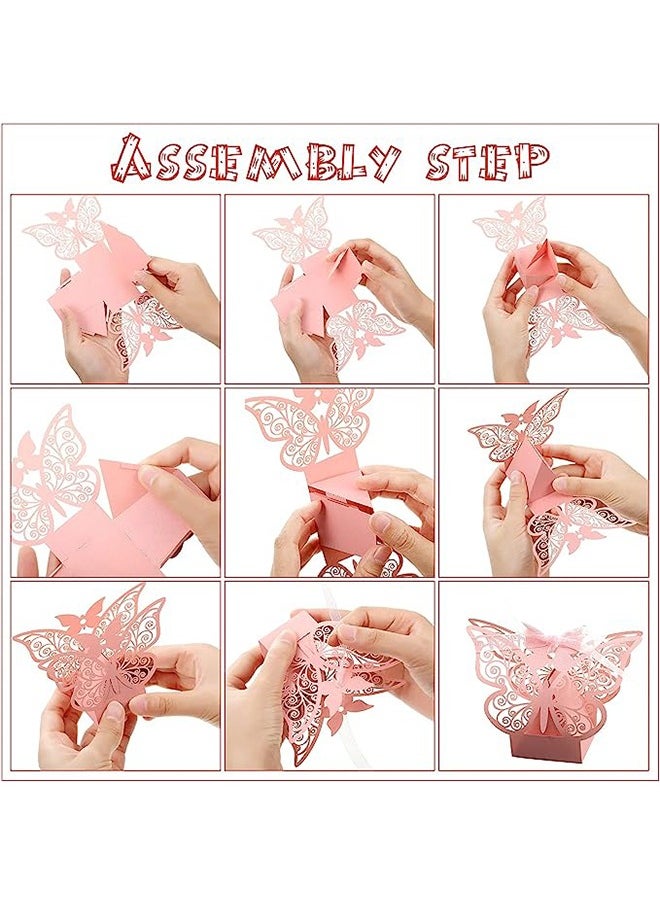 50 Pcs Candy Boxes - Butterfly Laser Cut Favor Boxes with Ribbons - Cute Chocolate Box for Wedding Girl Bridal - Birthday Party Baby Shower - Favors Decoration Supplies - Pink