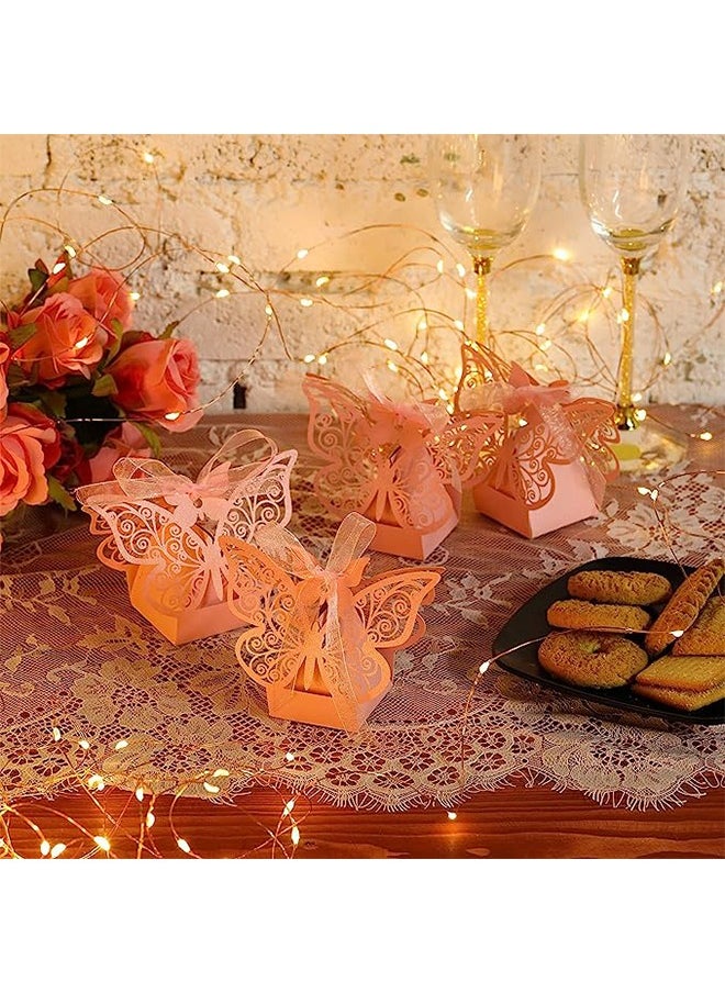 50 Pcs Candy Boxes - Butterfly Laser Cut Favor Boxes with Ribbons - Cute Chocolate Box for Wedding Girl Bridal - Birthday Party Baby Shower - Favors Decoration Supplies - Pink