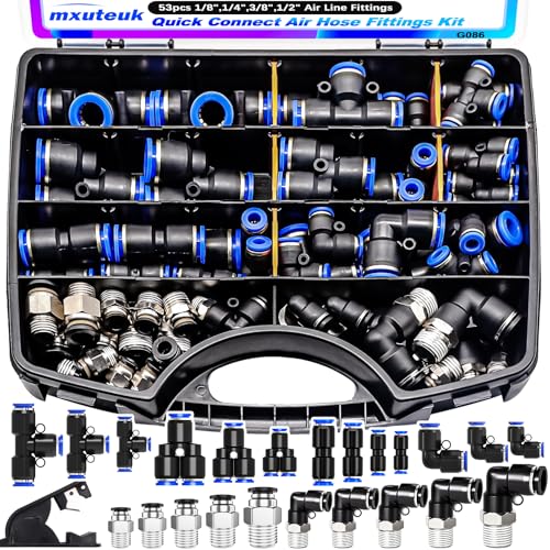 mxuteuk Quick Connect Air Hose Fittings Kit,1/8",1/4",3/8",1/2" Push to Connect Fitting,Air Line Quick Connect Fittings,Quick Release Pneumatic Kit (53PCS) - Image 1