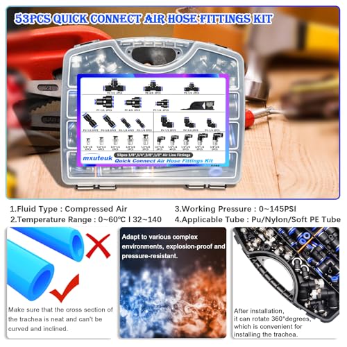 mxuteuk Quick Connect Air Hose Fittings Kit,1/8",1/4",3/8",1/2" Push to Connect Fitting,Air Line Quick Connect Fittings,Quick Release Pneumatic Kit (53PCS) - Image 4