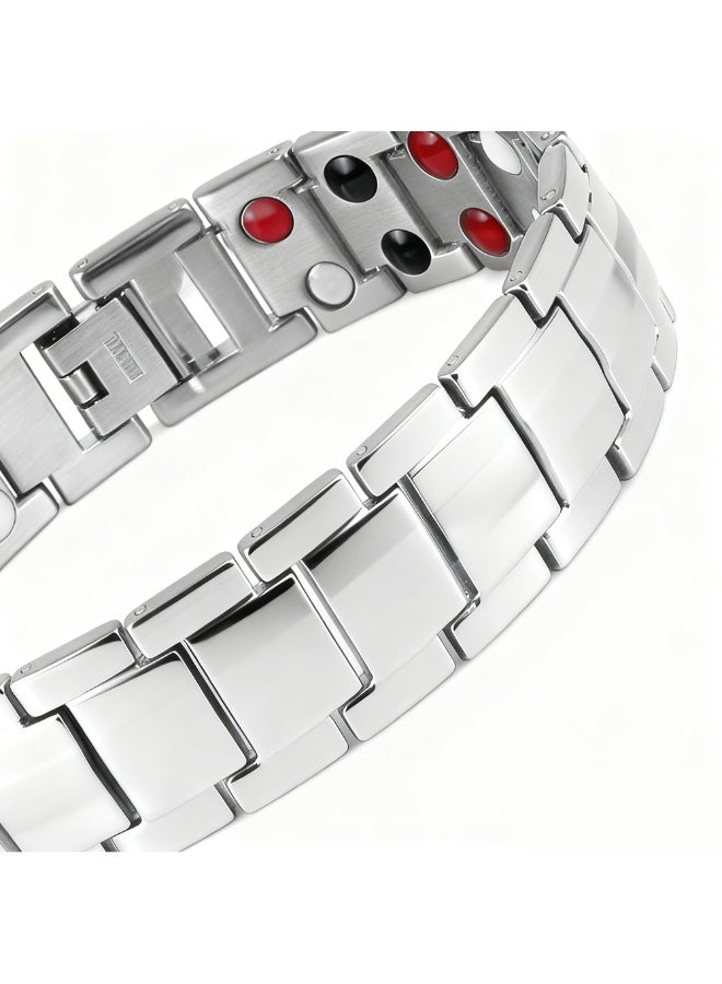 Silver Plated Dual Row Magnetic Cuff - Contemporary Geometric Unisex Jewelry, Stainless Steel Magnetic Therapy Bracelet - Image 3