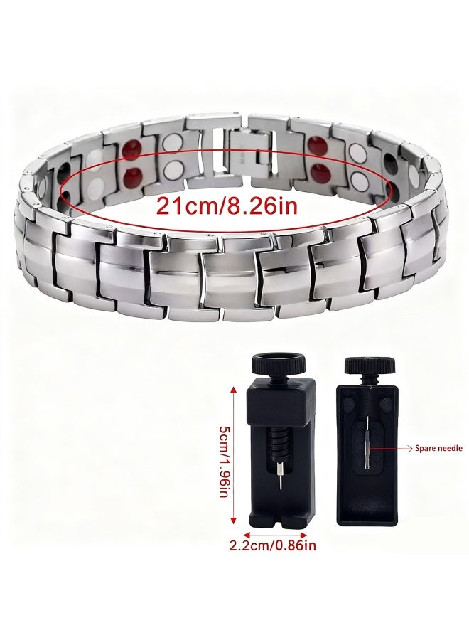 Silver Plated Dual Row Magnetic Cuff - Contemporary Geometric Unisex Jewelry, Stainless Steel Magnetic Therapy Bracelet - Image 2