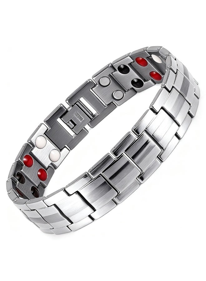 Silver Plated Dual Row Magnetic Cuff - Contemporary Geometric Unisex Jewelry, Stainless Steel Magnetic Therapy Bracelet - Image 1