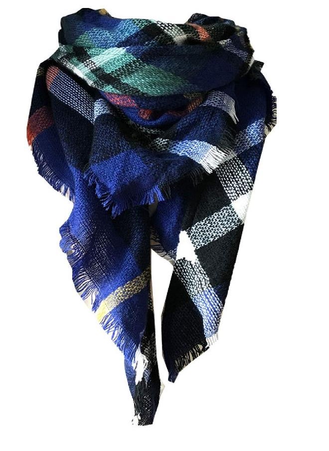 Wander Agio Wander Agio Womens Warm Scarf Triangle Winter Shawls Large Scarves Stripe Plaid Fichu Sapphire Blue 12  - Image 2
