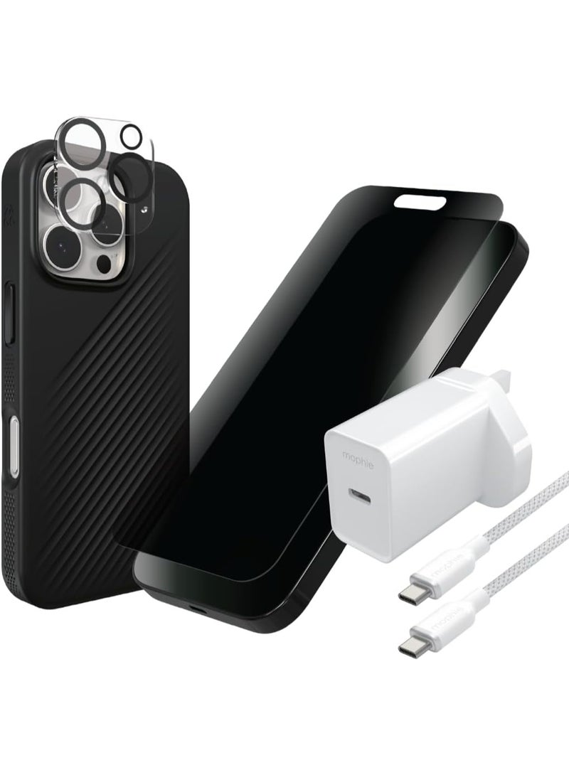 ZAGG & Mophie Privacy Protect & Power Bundle Luxe Snap Case, Glass Elite 2- way privacy Screen & Camera Lens Protector, 20W USB-C PD Wall Charger, Cable (16 pro) - Image 1
