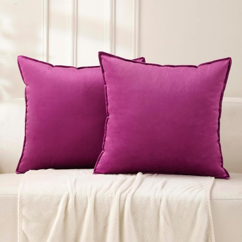 VAKADO Throw Pillow Covers 18x18 Set of 2 Fuchsia Velvet Decor Decorative Couch Cushion Euro Pillowcases with Fringe Home Bed Decoration for Sofa Bedroom Office - Image 1