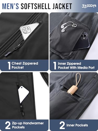 33,000ft Men's Softshell Jacket with Hood Fleece Lined Windbreaker Lightweight Waterproof Jackets for Hiking - Image 4