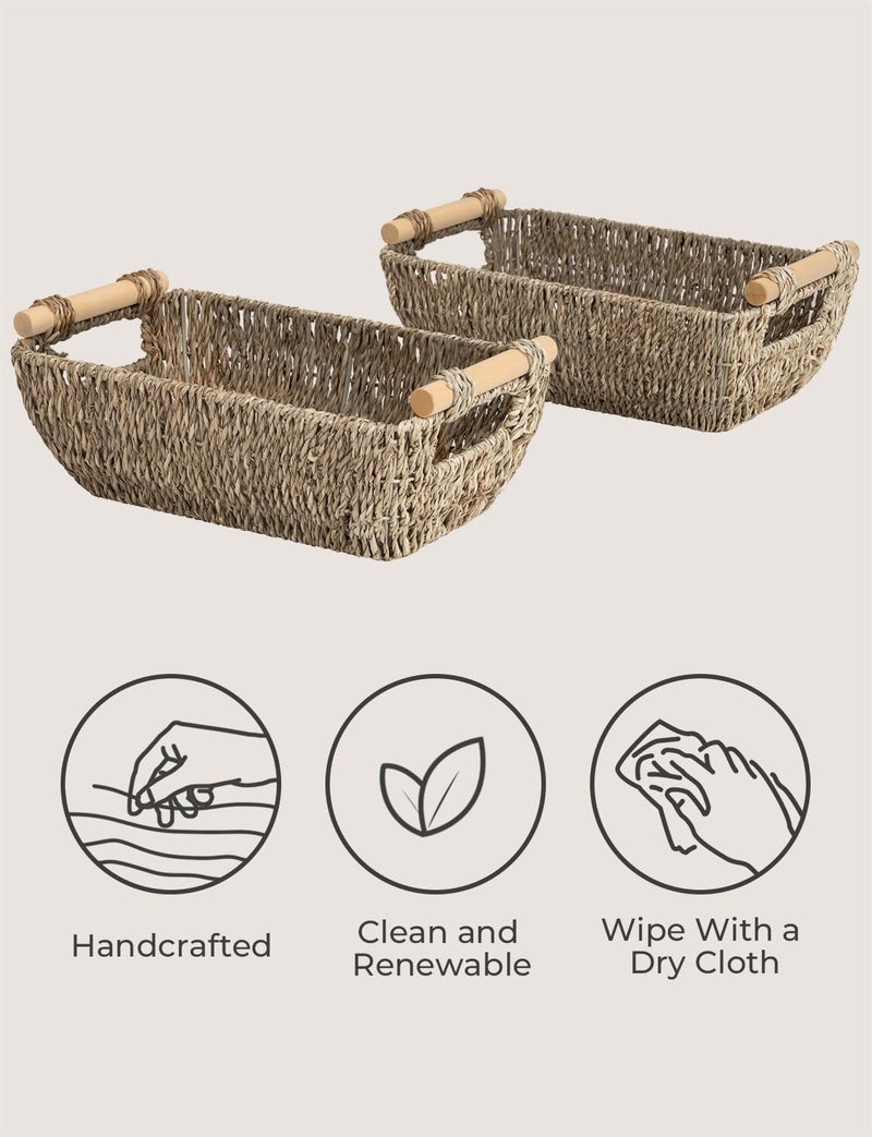 Storageworks Small Baskets For Bathroom  Seagrass Woven Basket With Wooden Handles For Gifts  2-Pack - Image 4