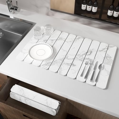 imgrose Stone Drying Mat for Kitchen Counter, White Fish Belly Stone Dish Drying Mat - Diatomaceous Earth Water Absorbing Drying Stone for Kitchen Counter Mat, Quick Dry Stone Mat Kitchen - Image 1