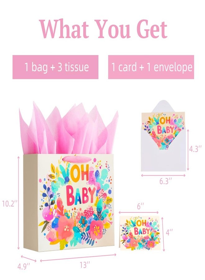 FENKON 13'' Large Baby Girl Gift Bag for Baby Shower Birthday with Tissue Paper and Greeting Card, Flowers OH BABY (BabyPink, 13'' - Image 2