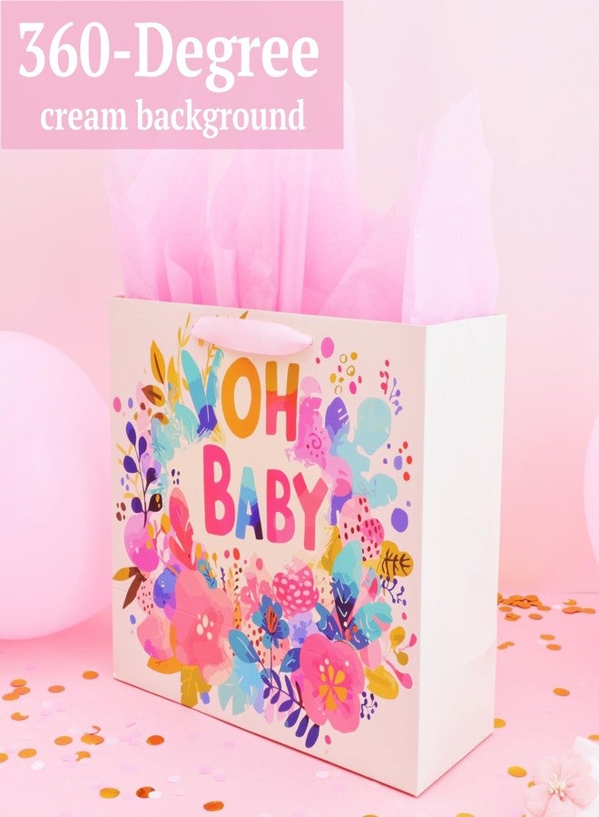 FENKON 13'' Large Baby Girl Gift Bag for Baby Shower Birthday with Tissue Paper and Greeting Card, Flowers OH BABY (BabyPink, 13'' - Image 4