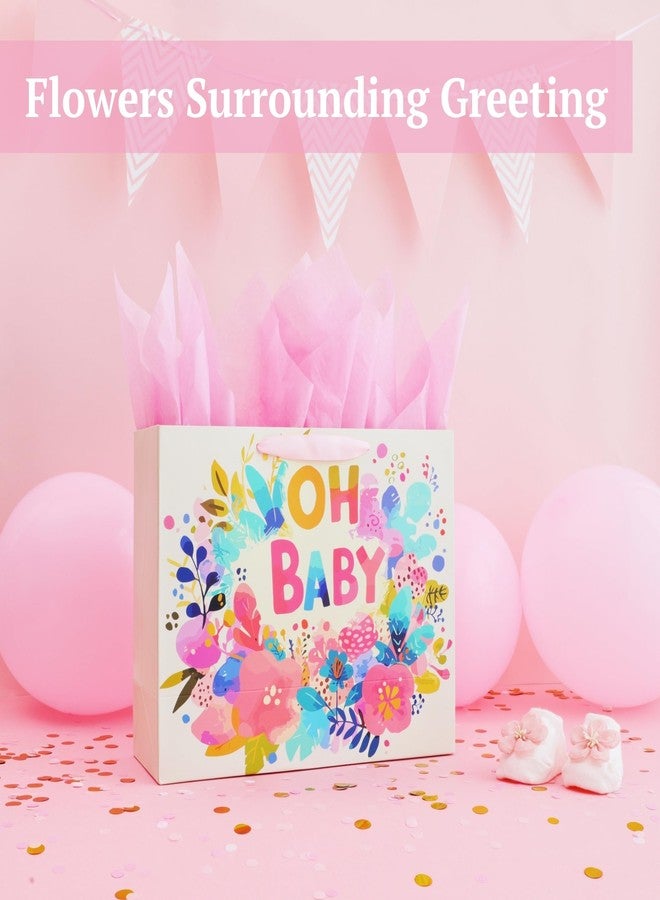 FENKON 13'' Large Baby Girl Gift Bag for Baby Shower Birthday with Tissue Paper and Greeting Card, Flowers OH BABY (BabyPink, 13'' - Image 3
