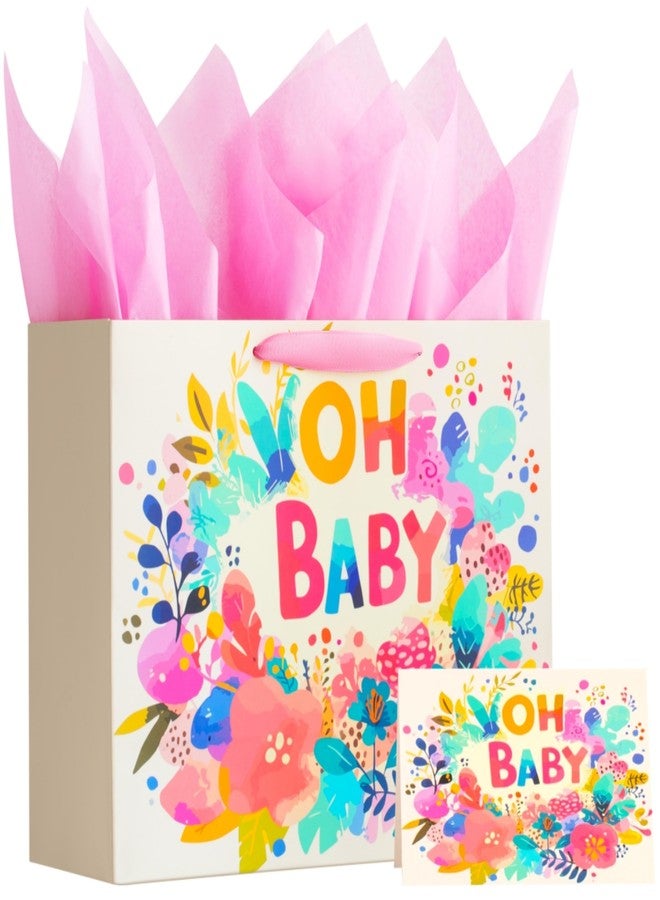 FENKON 13'' Large Baby Girl Gift Bag for Baby Shower Birthday with Tissue Paper and Greeting Card, Flowers OH BABY (BabyPink, 13'' - Image 1