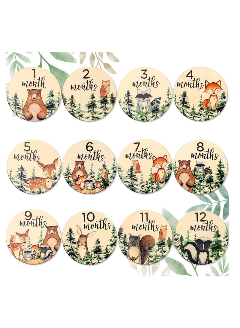 Woodland Baby Monthly Milestone 12Pcs Wooden Newborn Welcome Discs Sign Round New Baby Sign Double Sided Cute Animal Printed Baby's First Year Age Announcement for Boys Girls Photo Prop Baby Shower - Image 1