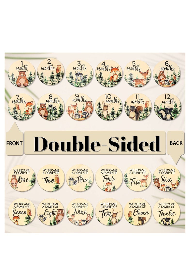 Woodland Baby Monthly Milestone 12Pcs Wooden Newborn Welcome Discs Sign Round New Baby Sign Double Sided Cute Animal Printed Baby's First Year Age Announcement for Boys Girls Photo Prop Baby Shower - Image 2